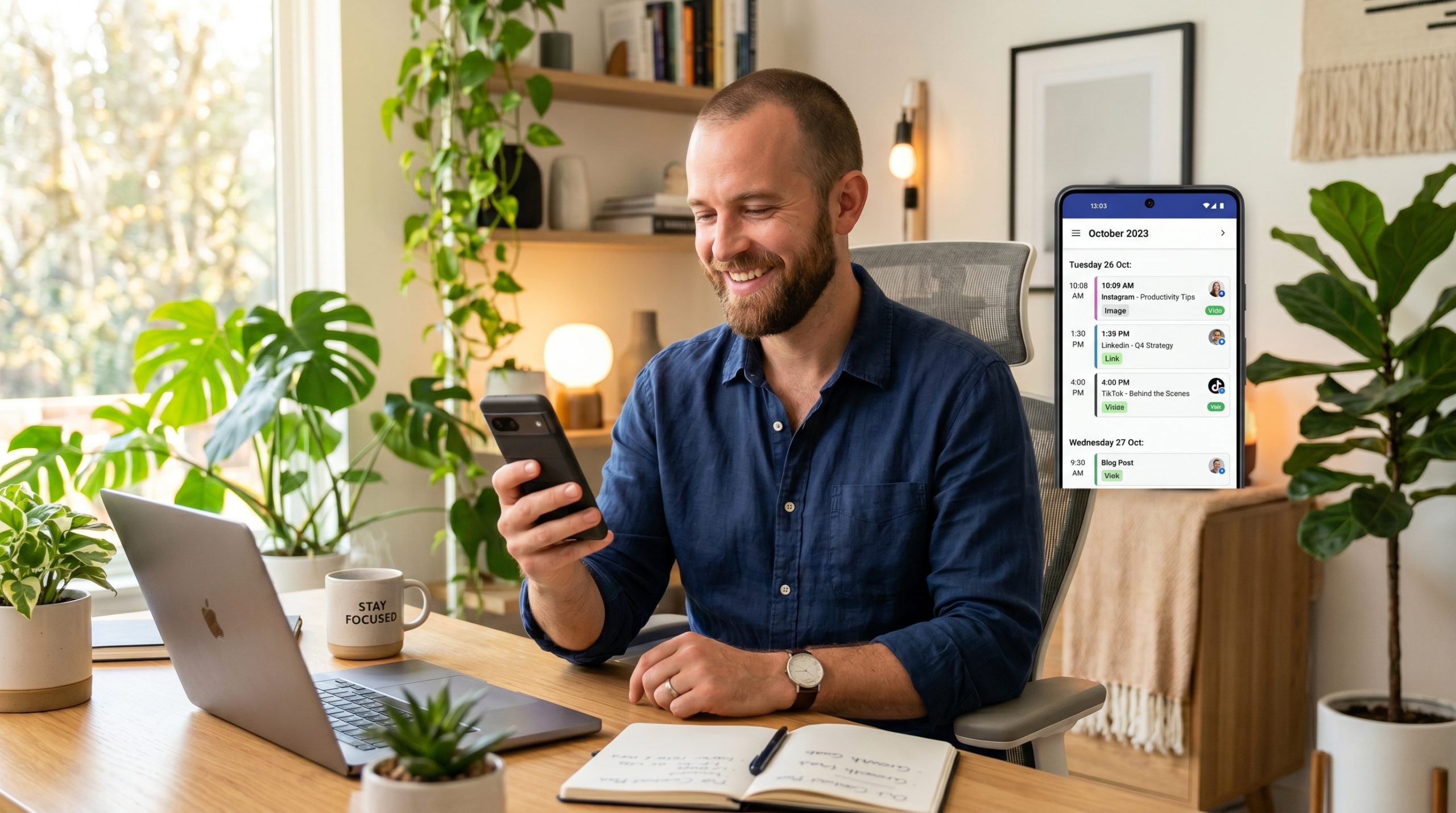 Emprendedor con la gestión de redes sociales organizada y automatizada para ahorrar tiempo y crecer