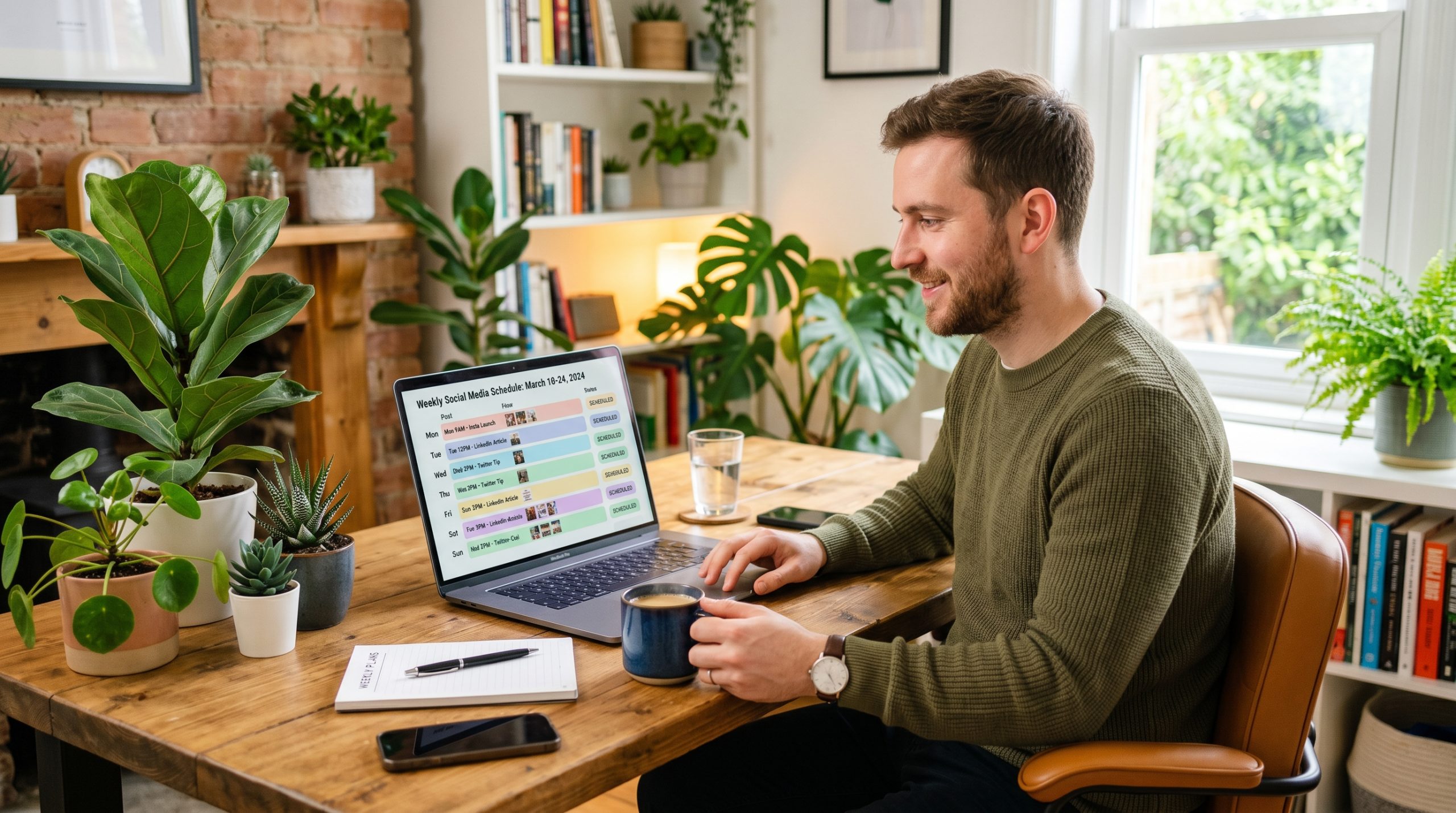Emprendedor con sus redes programadas en Metricool ahorrando tiempo en la gestión semanal