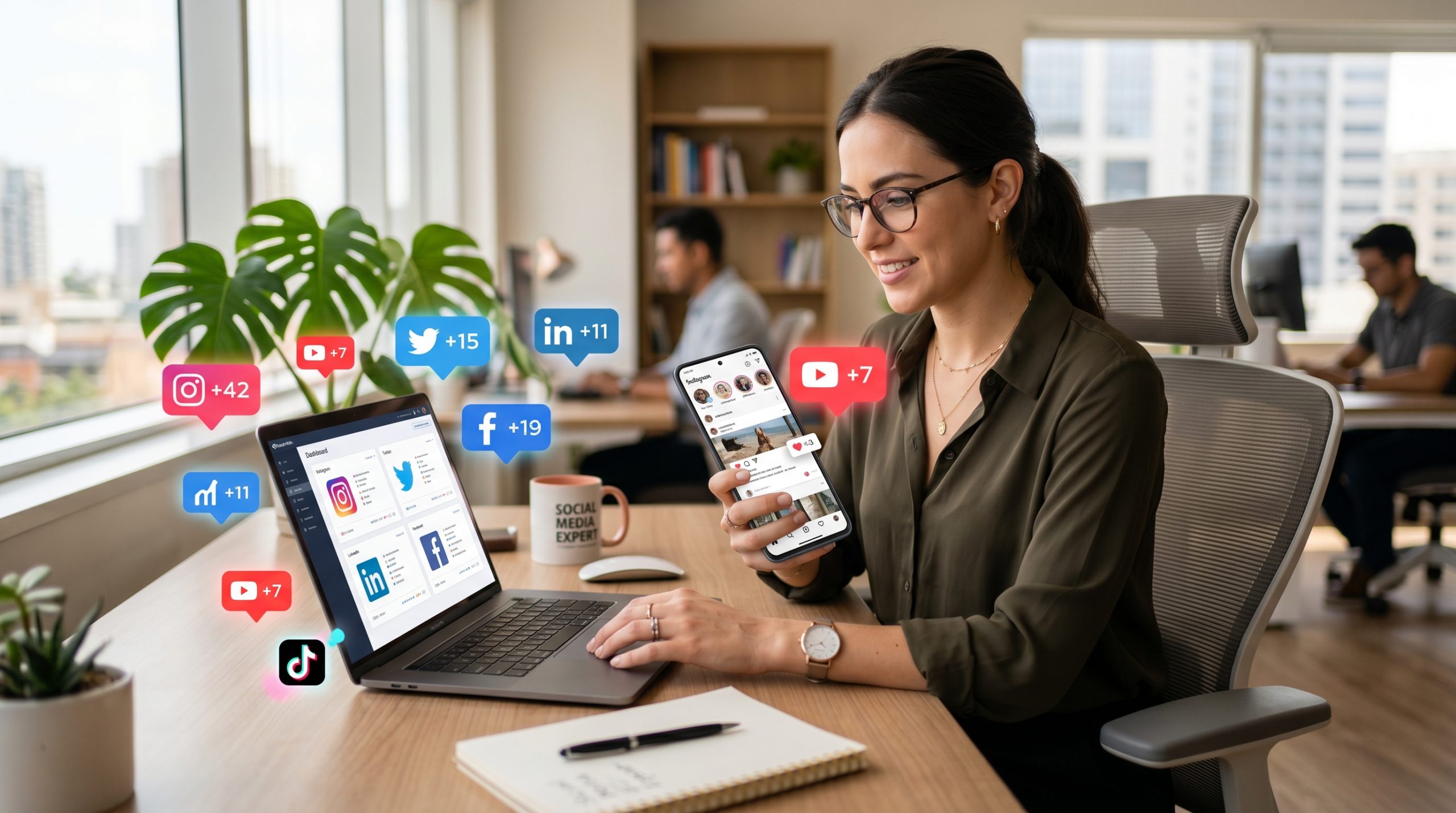 Profesional aplicando una estrategia de gestión de redes sociales para crecer y ahorrar tiempo