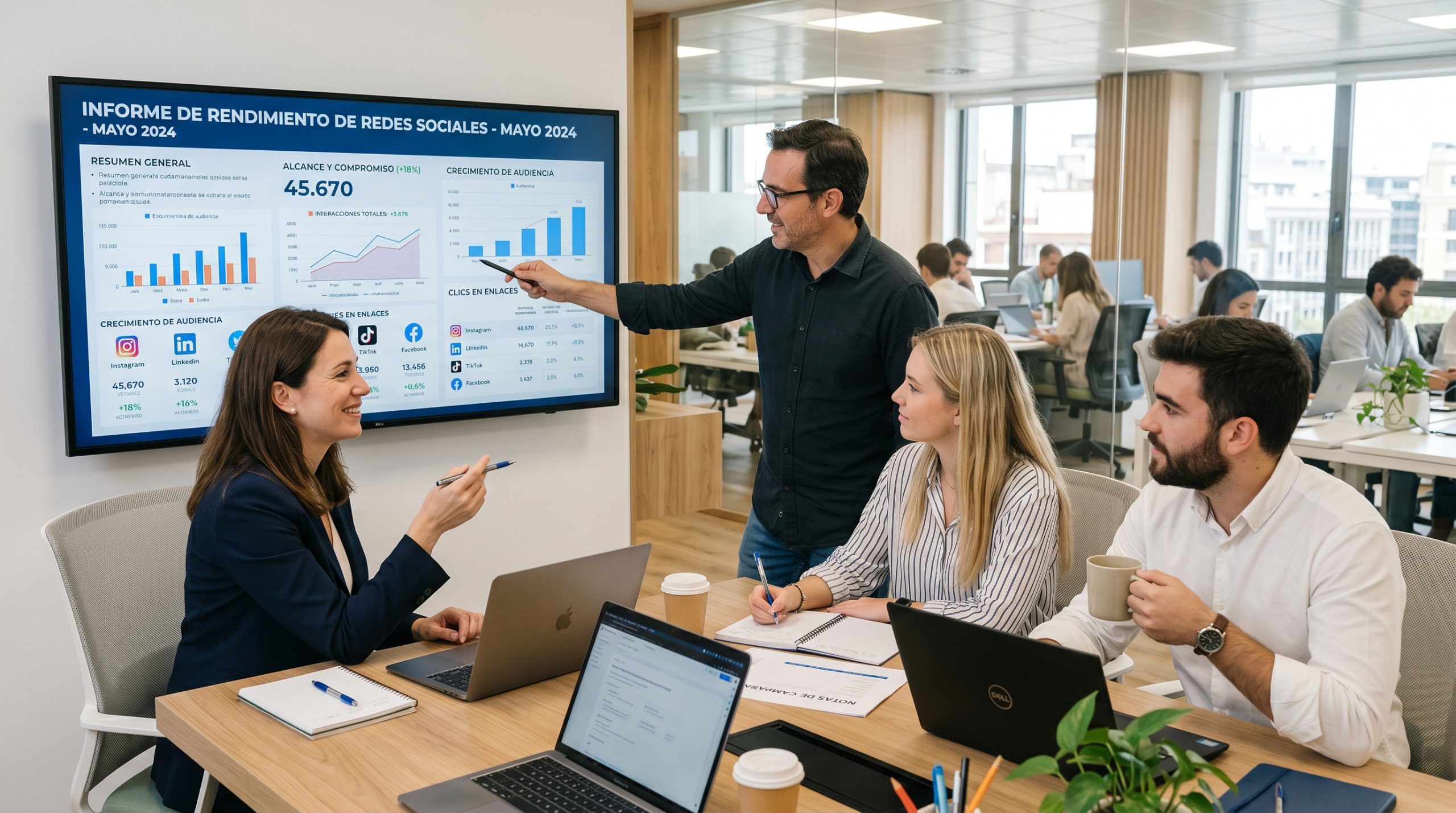 Equipo de marketing usando Hootsuite para gestionar cuentas y analizar resultados en conjunto