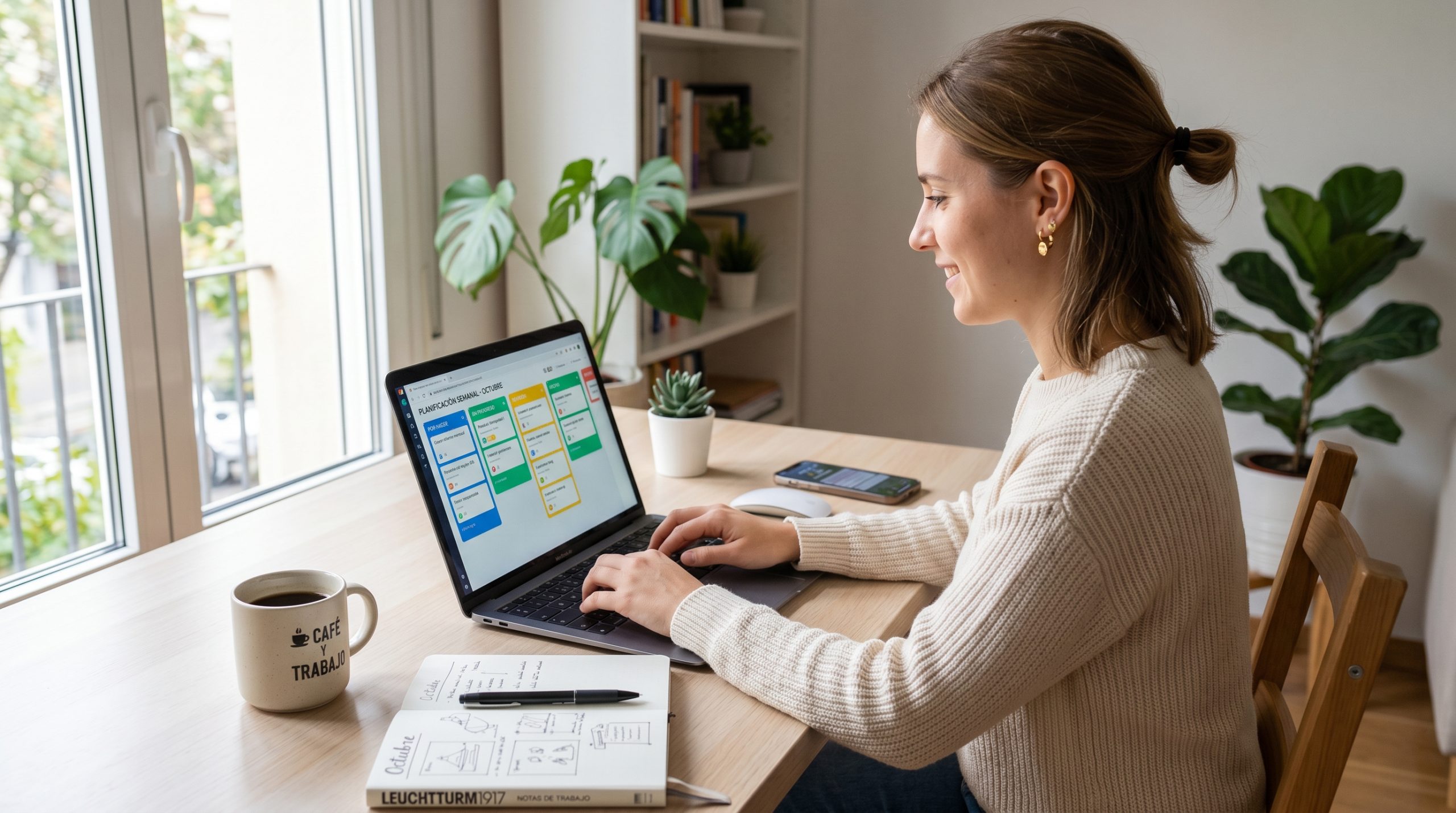 Persona organizando sus tareas con Trello en un tablero visual para ser más productiva