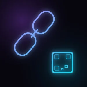 Icono de trazo neón: dos eslabones de cadena y un código QR