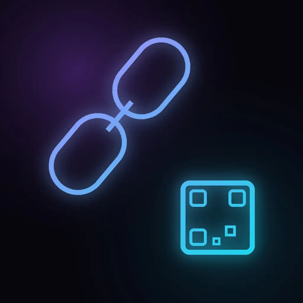 Icono de trazo neón: dos eslabones de cadena y un código QR