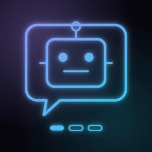 Ilustración de un bot dentro de una burbuja de chat de Telegram, con una marca de nivel de tres: plan Básico