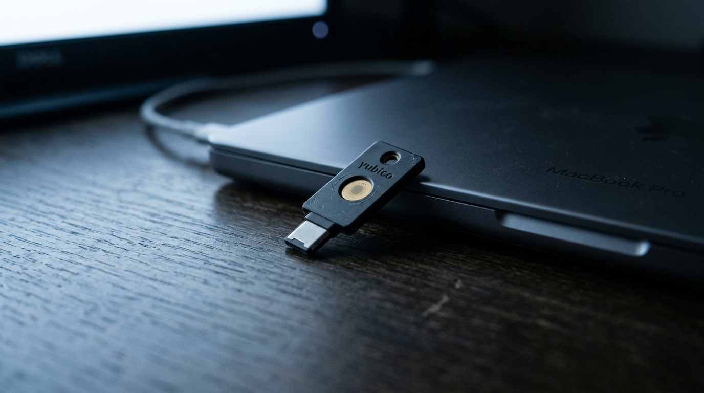 Llave de seguridad física junto al portátil para reforzar una contraseña segura