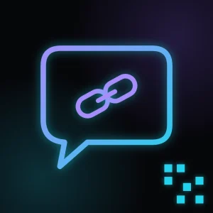 Icono del generador de enlaces de WhatsApp para tu web: burbuja de chat con un enlace y codigo QR, trazo neon