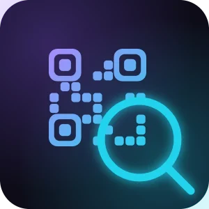 Lector de códigos QR para tu web: icono con una lupa sobre un código QR en degradado violeta y cian.
