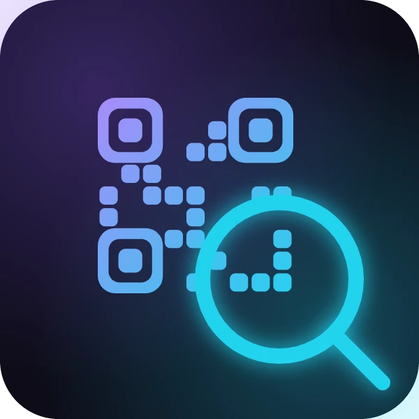 Lector de códigos QR para tu web: icono con una lupa sobre un código QR en degradado violeta y cian.
